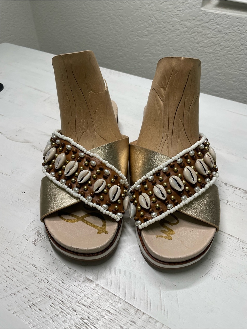 Sam Edelman Embellished Slide Sandals | Size 8 | Shell & Pearl Beaded Sandals